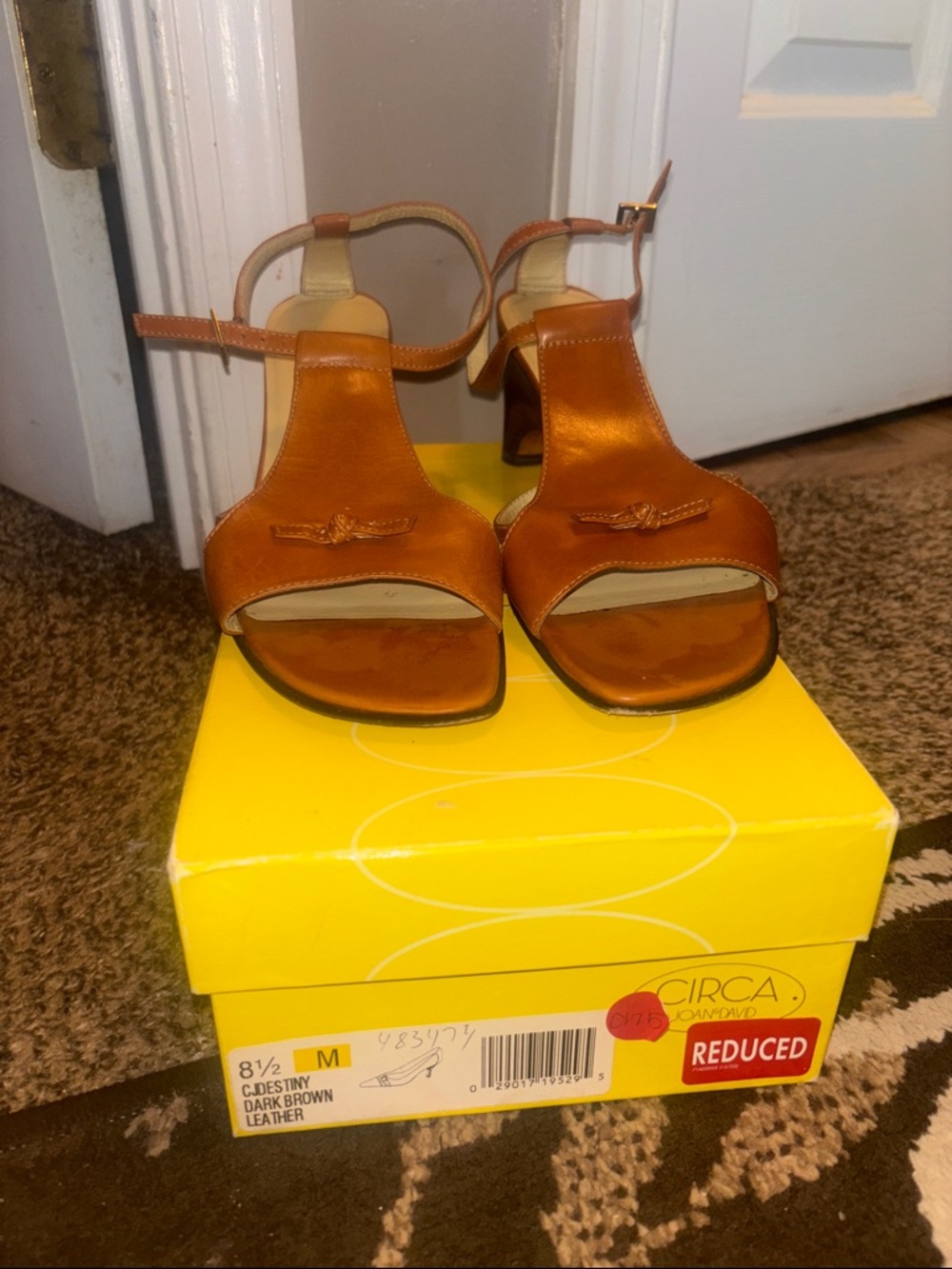 Tan Leather T-Strap Heeled Sandals